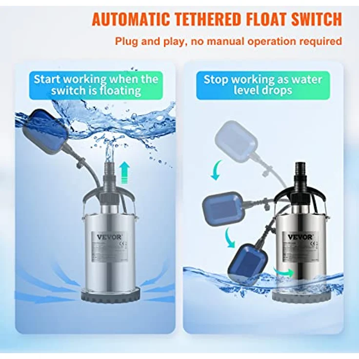 VEVOR Schmutzwasserpumpe 550 W Tauchpumpe, 158 L/min, für Swimmingpool Keller Klärgrube, mit Ablassadapter – Bild 5