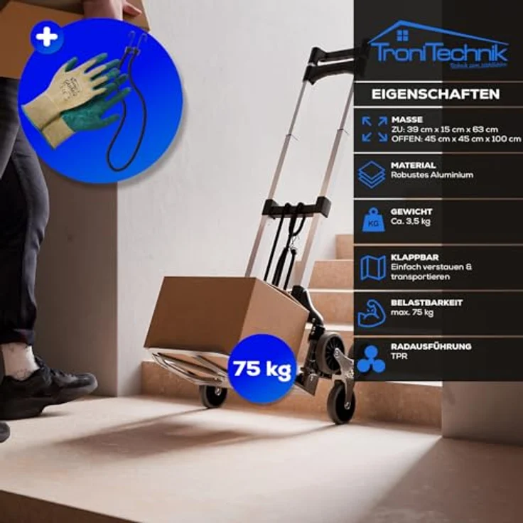 TroniTechnik Sackkarre Transportkarre klappbar, Tragfähigkeit bis 75kg, Treppensackkarre mit rutschfester Fläche, verstellbarem Griff und Spanngummiseil, 45x45x100cm – Bild 5