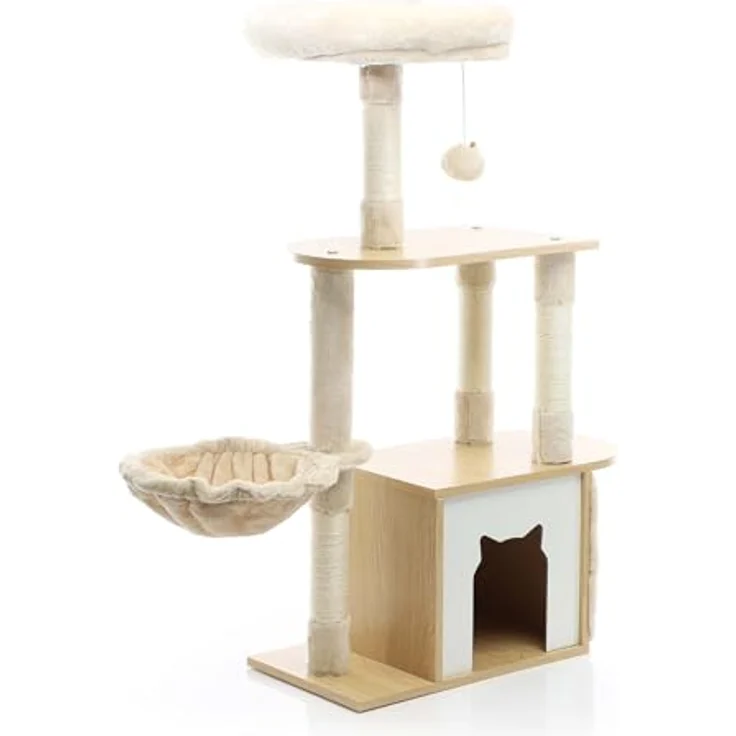 Fudajo Kratzbaum mit Holz in Beige 106 cm hoch, Katzenkratzbaum mit Katzenhaus und Liegemulde, Katzenbaum mit Sisal, Katzenmöbel mit Plüsch – Bild 1