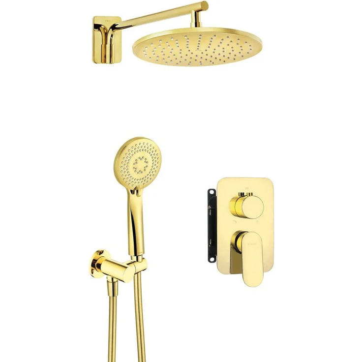 TRIZERATOP Unterputzarmatur Unterputz-Duschset rund, mit Mischbox Gold, 3-Funktions-Duschumschalter, Anti-Twist-System, Messing Kopfbrause mit Anti-Calc