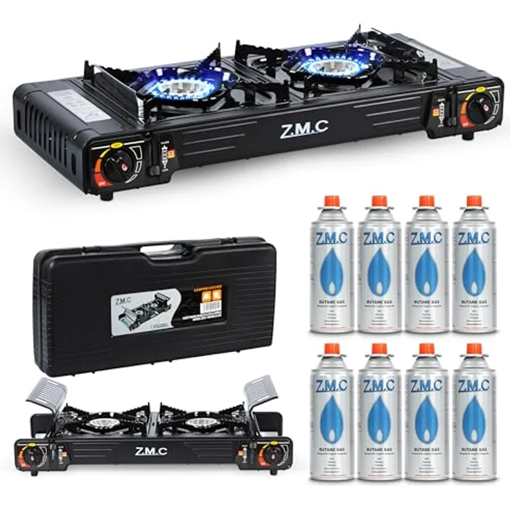 Z.M.C PREMIUM Camping Gaskocher 2-flammig mit Zündsicherung, incl. 8 Gaskartuschen 227g, Piezozündung und Windschutz für Outdoor und Innenraum – Bild 1