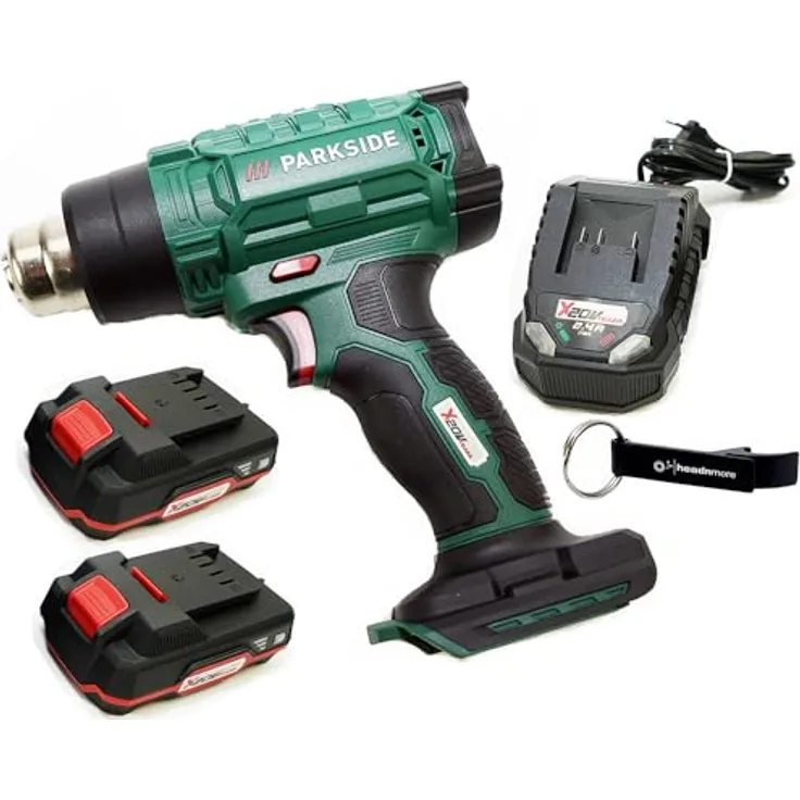HEADNMORE® Bundle - PARKSIDE® 20V Akku Heißluftpistole PHLGA 20 + HEADNMORE® Schlüsselanhänger (2x2Ah Akku), mit transportablem Aufbewahrungskoffer und vielseitigem Zubehör