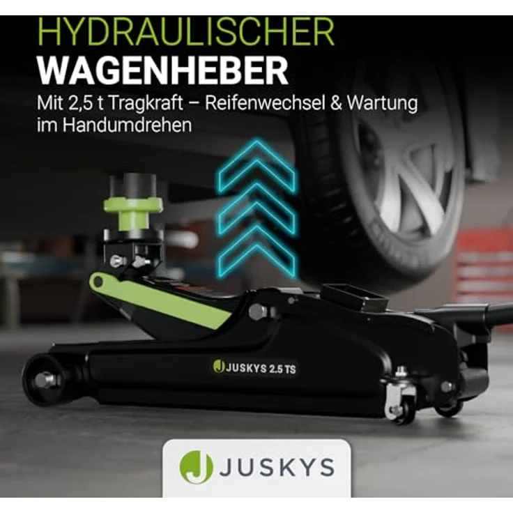 Juskys Hydraulischer Wagenheber, max. Hubhöhe 39 cm, bis 2,5 t, schwarz/grün, mit Zubehör & Handschuhen – Bild 2