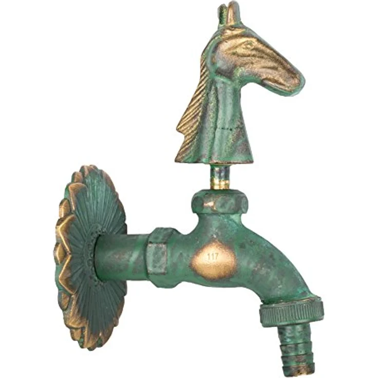 Boni-Shop Nostalgie Auslaufventil Wasserhahn, Pferdkopf Motiv patiniert, Messing massiv, 1/2" Wandanschluss inkl. Wandrosette – Bild 1