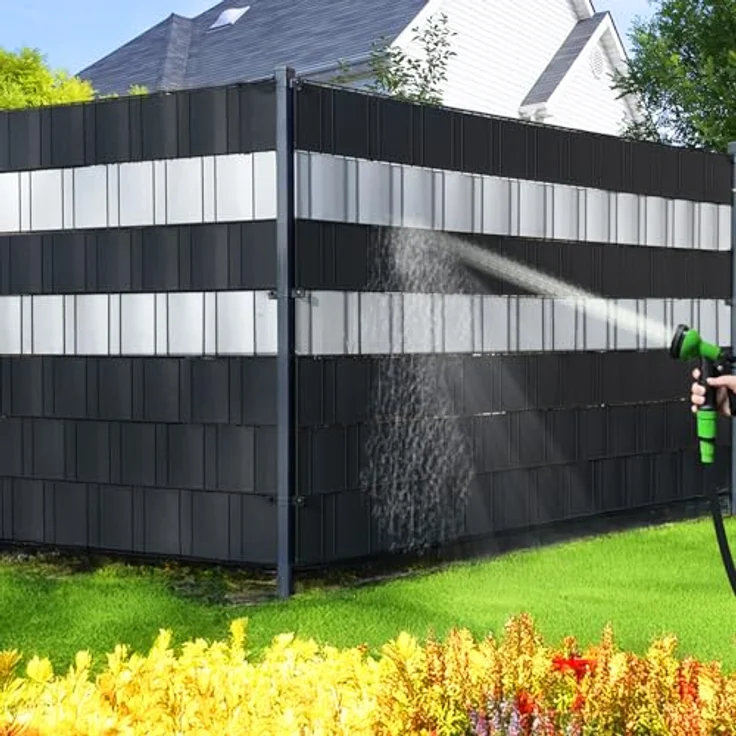 VOUNOT® PVC Sichtschutzstreifen für Doppelstabmatten 70m x 19cm, 40 Befestigungsclips, Sichtschutz Zaunfolie für Stabmattenzaun, Gartenzaun, Zaun, Schwarz – Bild 8