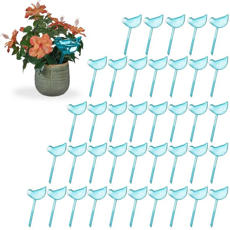 relaxdays Bewässerungssystem, 40x Tropfer mit Vogel-Form, blau, dosierte Wasserabgabe für Topfpflanzen