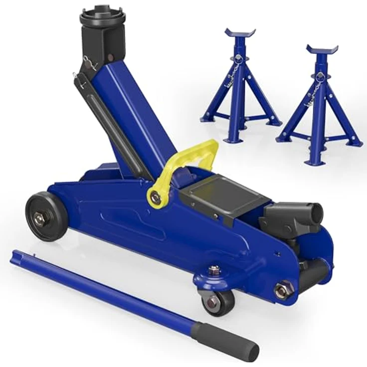 Wiltec XPOtool Set, Wagenheber und 2 Unterstellböcke bis 2 t Hubkraft, Hubhöhe 135-335 mm, Arbeitshöhe 270-365 mm, klappbar – Bild 1