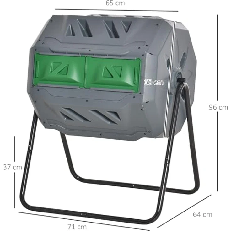 Outsunny Trommel-Komposter, 160L Gartenkomposter mit 2 Kammern, Drehbarer Schnellkomposter, für Bio- und Garten-Abfälle, Grau – Bild 5