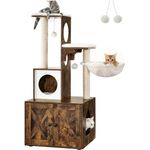 FEANDREA Kratzbaum, 2-in-1 mit Katzenklo, Sisalstämme, Hängematte, Vintagebraun/Greige