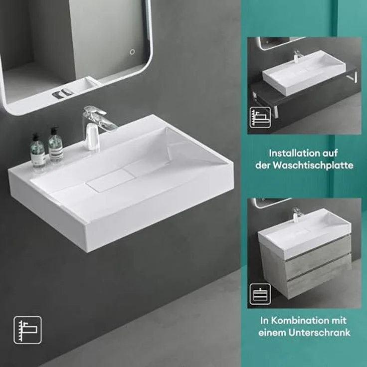 Mai & Mai Aufsatzwaschbecken Waschbecken Col19, Design Waschbecken inkl. Ablaufgarnitur, Gussmarmor, weiß – Bild 4
