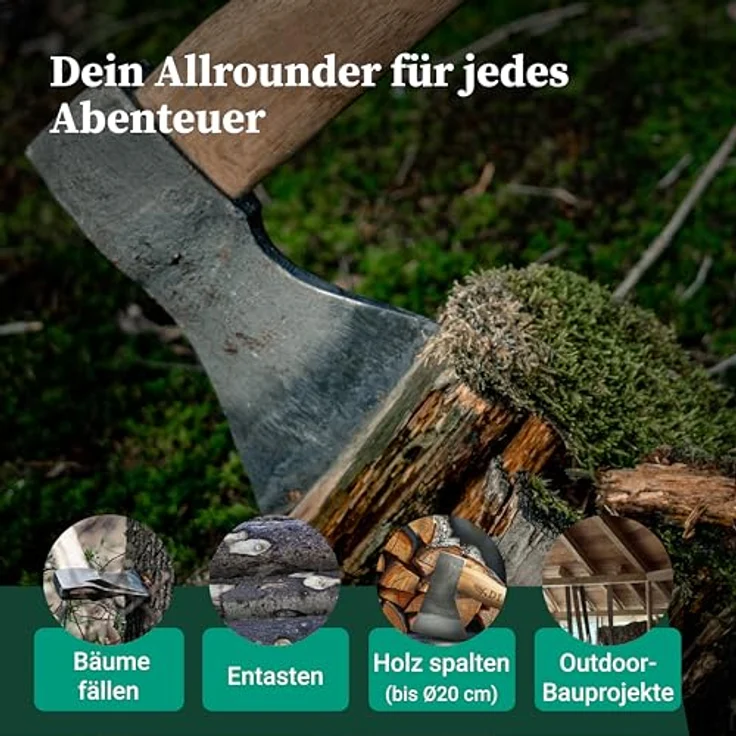 Adler Rheinlandaxt inkl. Lederschutz: Geschmiedete Axt mit C60-Stahlkopf & 70 cm Hickory-Stiel, große Allround-Forstaxt, Rot/schwarz, 1250 g – Bild 5