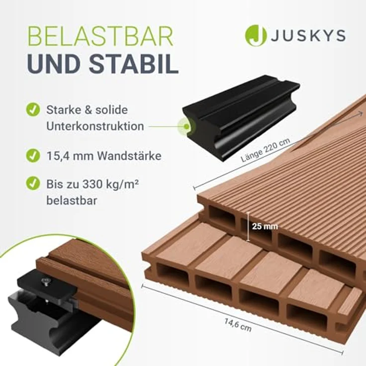 Juskys WPC-Terrassendielen, 20 m² Komplett-Set, witterungsbeständig, raue Oberfläche, Belastbarkeit bis 330 kg/m², Farbe Teak – Bild 5