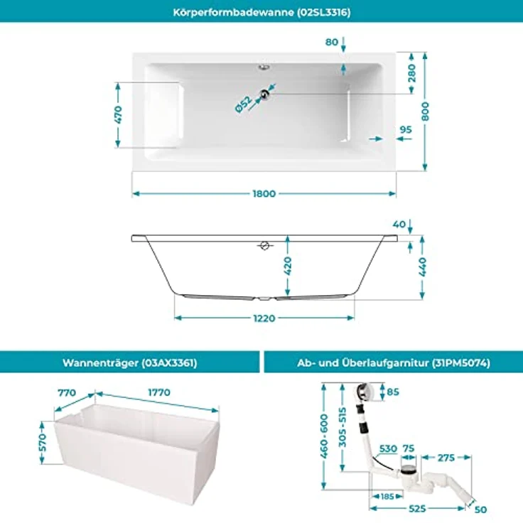 Calmwaters® Premium Badewanne Komplettset 180x80 cm mit Wannenträger & Ablaufgarnitur, Made in EU, Duobadewanne für 2, Set Acryl-Badewanne rechteckig, Moderne Rechteck Badewanne 180 x 80 cm, Weiß – Bild 5