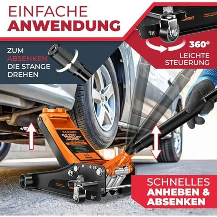 Masko Wagenheber hydraulisch 3 Tonnen Flache Hubhöhe + 2x Gummiauflage + Handschuhe KFZ Rangierwagenheber hydraulischer 360° Rollen Heber Unterstellbock – Bild 6