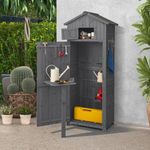 COSTWAY Gartenschrank Holz, Gerätehaus wetterfest mit klappbarem Tisch, 8 Haken & Satteldach, Grau, 75 x 50 x 180,5 cm