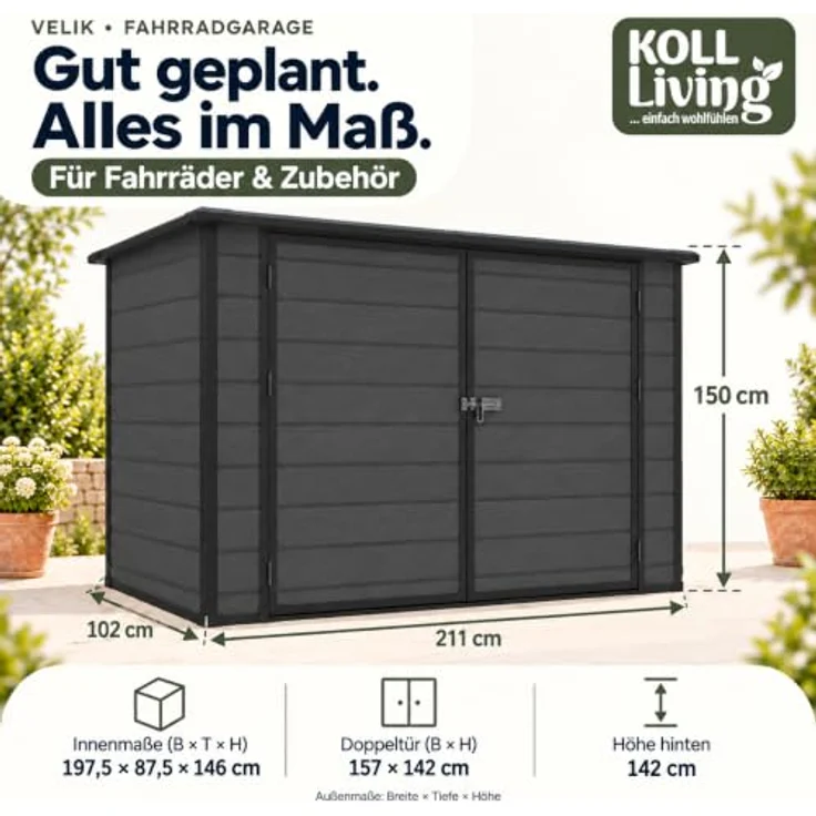 Koll Living Fahrradgarage Velik, 211 x 102 x 150 cm, 3,1 m³, grau, Doppeltür, Pultdach, UV- & witterungsbeständig, platzsparend – Bild 7