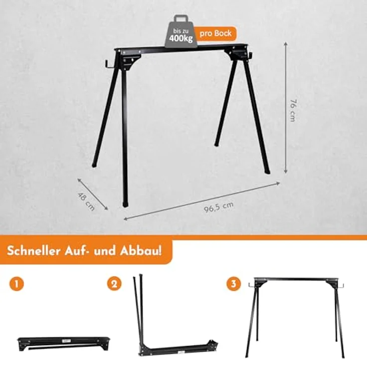 Lemodo Sägebock Arbeitsböcke 2er Set klappbar, 400 kg max. Belastbarkeit, Stahlkonstruktion, leicht und mobil, schwarz – Bild 3