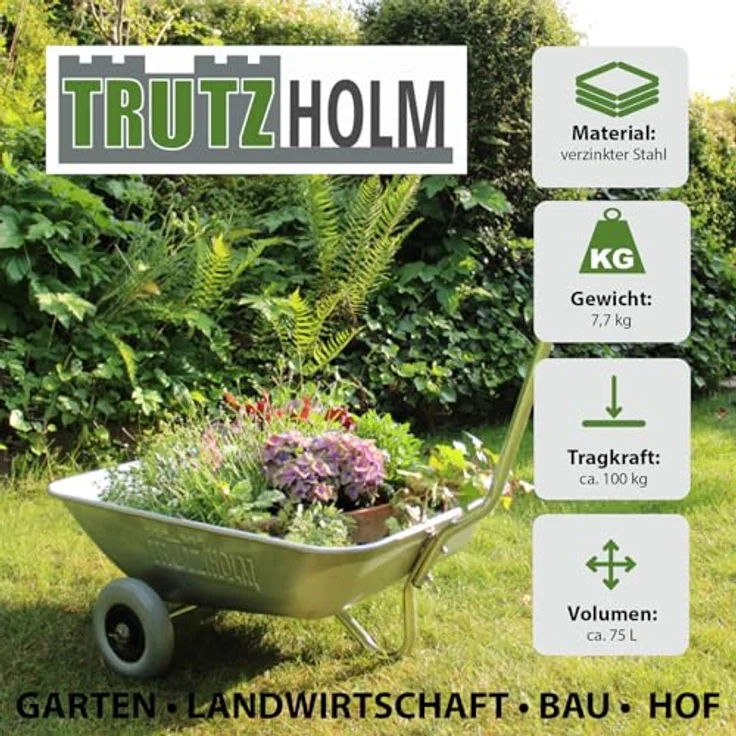 TRUTZHOLM Schubkarre Einhandkarre, robuste Gartenkarre mit 100 kg Traglast und Vollgummirädern, verzinkter Stahlrahmen, 75 L Volumen – Bild 3