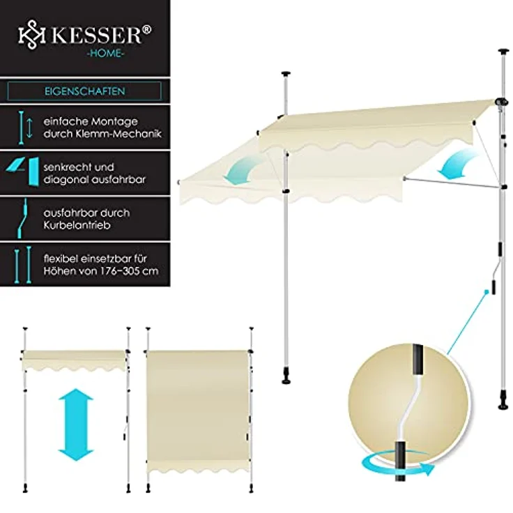 KESSER® Klemmmarkise mit Handkurbel Balkon, Balkonmarkise ohne Bohren, UV-beständig höhenverstellbar wasserabweisend, Sonnenschutz, Terrassenüberdachung, einfache Montage 150cm – Bild 2