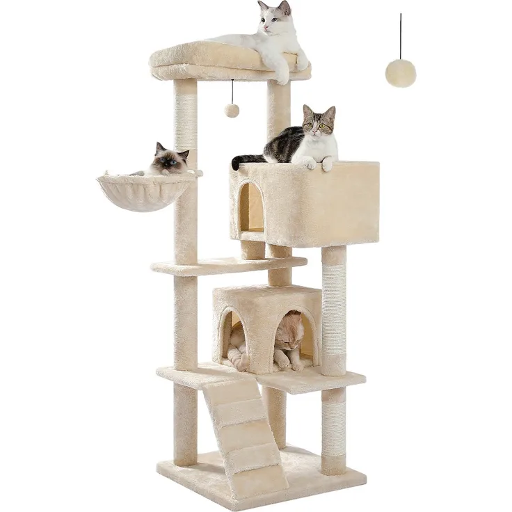 PurpurRain Kratzbaum Katzenbaum mit großer Sitzstange 143 cm, für große Katzen, Höhle und Hängematte, sicher und stabil