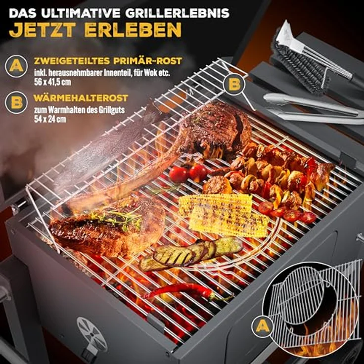 KESSER® Grill Grillwagen XL Holzkohlegrill mit Deckel, Rädern, Edelstahl-Griff, Grillrost, Bürste, Abdeckhaube und Thermometer Holzkohle kohlegrill Wagen groß Kohle BBQ Barbeque Camping, Garten – Bild 4