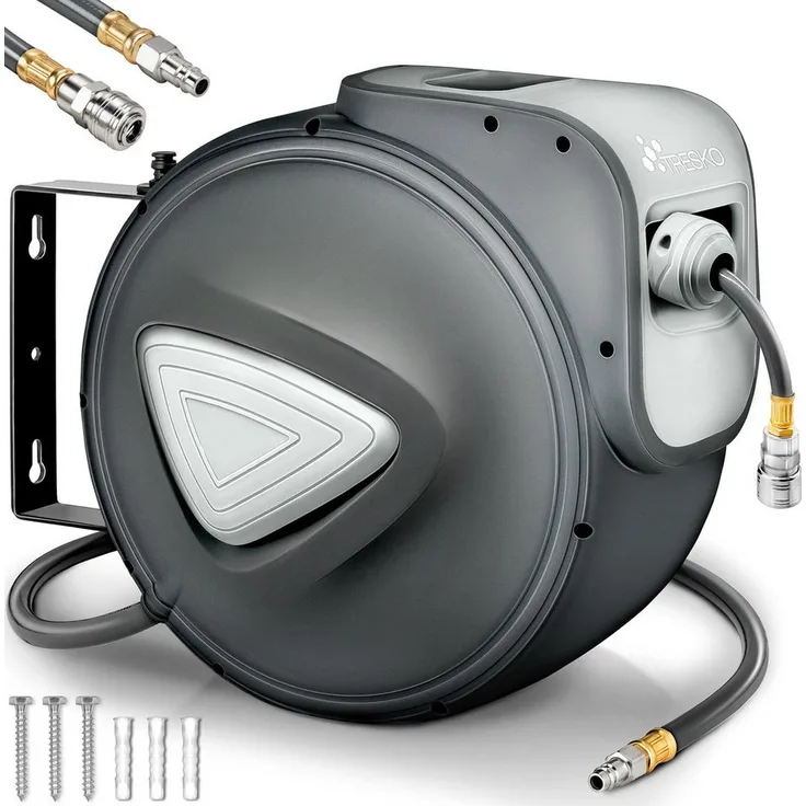TRESKO Druckluftschlauch Aufroller Automatik, Schlauchtrommel 10 - 30m, drehbar mit 180° und Aufroll-Automatik