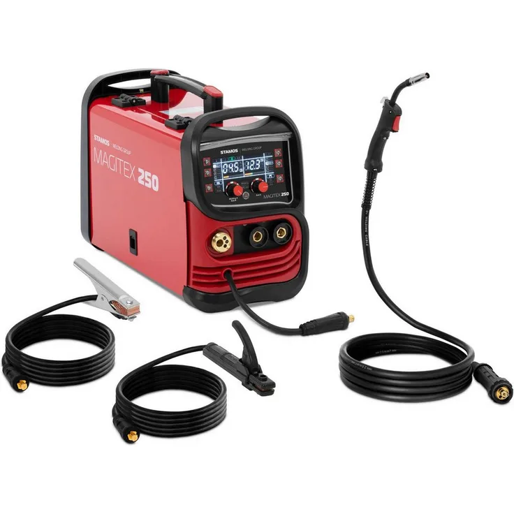 Stamos Welding Group Elektroschweißgerät MIG MAG Schweißgerät 250 A digitales Bedienfeld Schutzgas WIG Liftarc