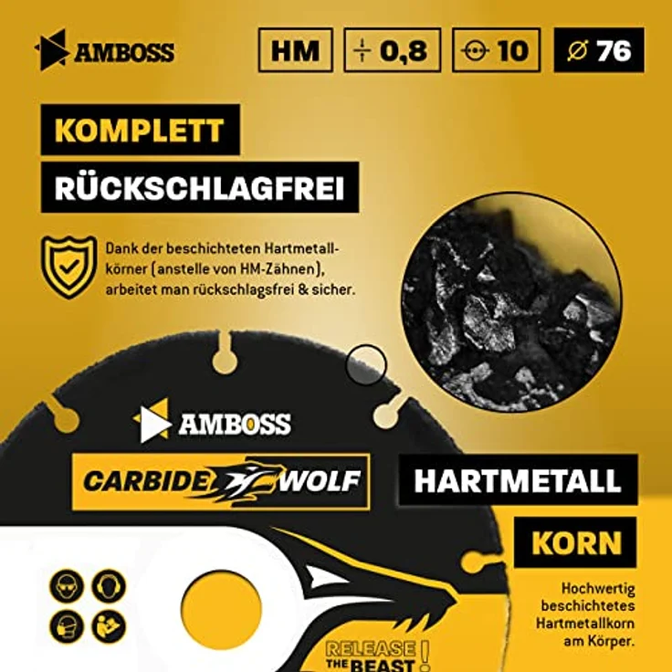 Amboss Carbide Wolf Ø 76mm, Multi Hartmetall Trennscheibe für Winkelschleifer - für Holz mit Nägeln, Kunststoff, Gips - selbstschärfend, rückschlagfrei, hohe Standzeit – Bild 4