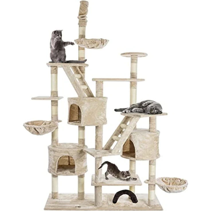HAPPYPET Kratzbaum deckenhoch 260 cm hoch, höhenverstellbar von 230-260 cm, großer XXL Kletterbaum Katzenbaum für Katzen, 8 cm stabile Säulen mit Sisal, Häuser mit Treppen Liegemulden, Beige – Bild 1