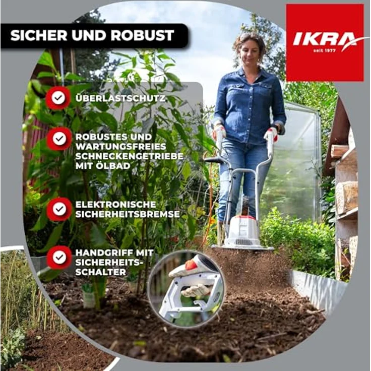 ikra GmbH Elektromotorhacke IET 1030, 30 cm Arbeitsbreite, 1.080-Watt-Motor, höhenverstellbarer Hacksporn, Sicherheitsschalter, Transportrad – Bild 4