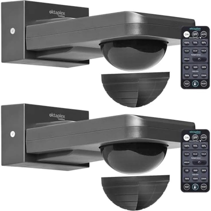 Oktaplex motion Oktaplex 2er Set Tea schwenkbarer Bewegungsmelder Aussen 360 Grad inkl. Fernbedienung Infrarot-Sensor IP65 9m Reichweite 230V Bewegungssensor anthrazit – Bild 1