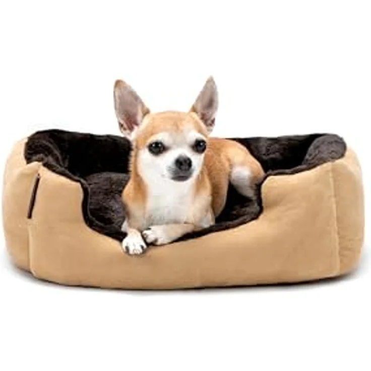 lionto Hundebett mit Wendekissen und Rutschfester Unterseite, Robustes Heimtierkissen mit tiefem Einstieg für Hunde und Katzen jeden Alters, 50x37 cm, kuscheliges Hundekissen, beige/braun – Bild 1