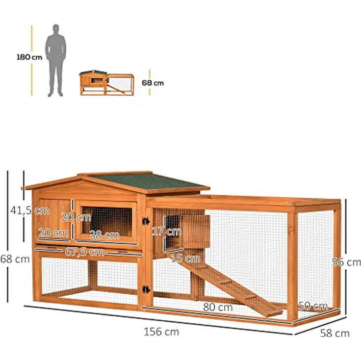 PawHut Kleintierstall Tannenholz Kleintierhaus mit Asphaltdach Kleintierkäfig mit Bodenwanne und Rampe Gehege Outdoor Indoor Orange 156 x 58 x 68 cm – Bild 3