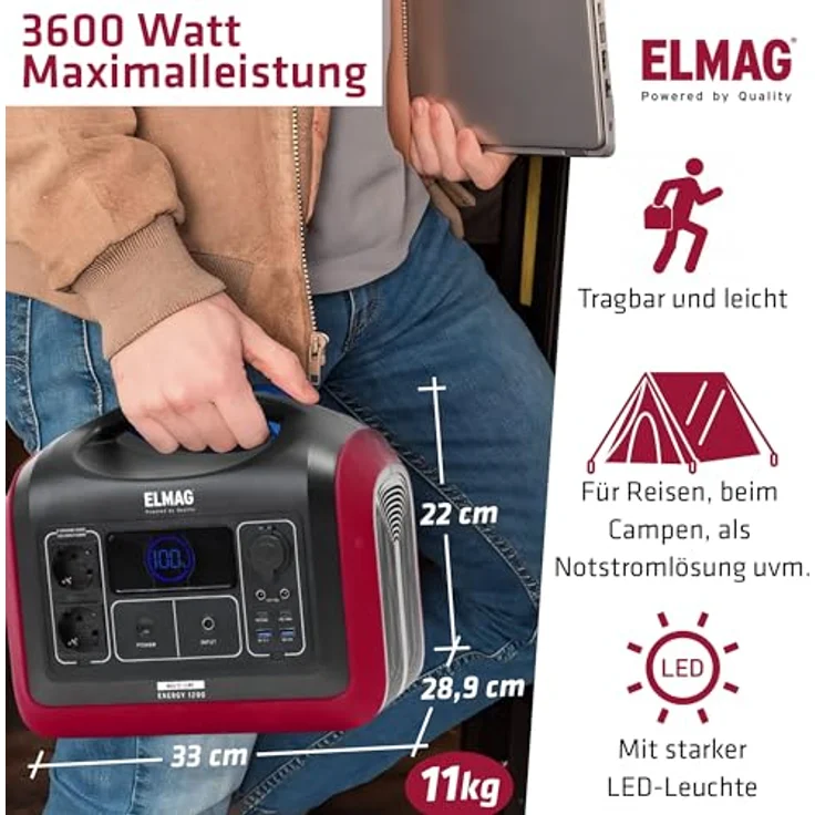 ELMAG Tragbare Powerstation ENERGY 1200, 1200W LiFEPO4 Akku mit 992Wh, 3 Ladeoptionen, Digitaldisplay, integrierter Solarladeregler – Bild 3