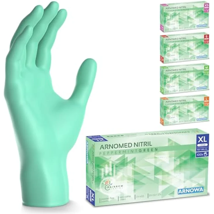 ARNOMED Einweghandschuhe Grün, 500 Stk (5x100), XL Nitril, puderfrei, hautfreundlich, lebensmittelecht, reißfest, ideal für Hygiene- & Reinigungsarbeiten – Bild 1