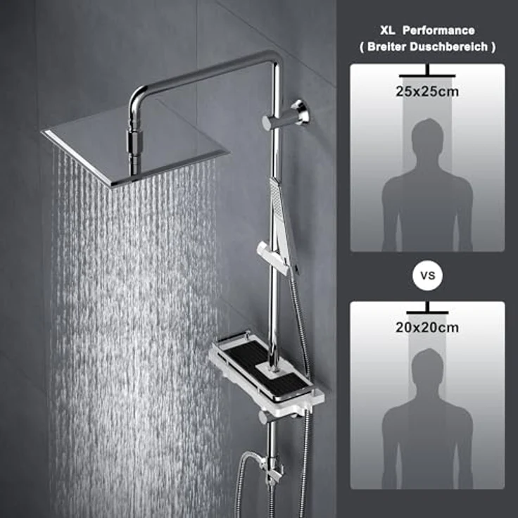 Görbach Edelstahl Duschset Regendusche 25x25 cm, Duschsystem ohne Armatur mit verstellbarer Duschstange und Duschablage in Chrom – Bild 2