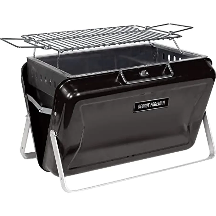 George Foreman Tragbarer Holzkohlegrill, On-The-Go-Werkzeugkasten, tragbar, stabile faltbare Beine, praktischer Griff, leicht, Camping, schwarz, Holzkohlegrill, GFPTBBQ1005B
