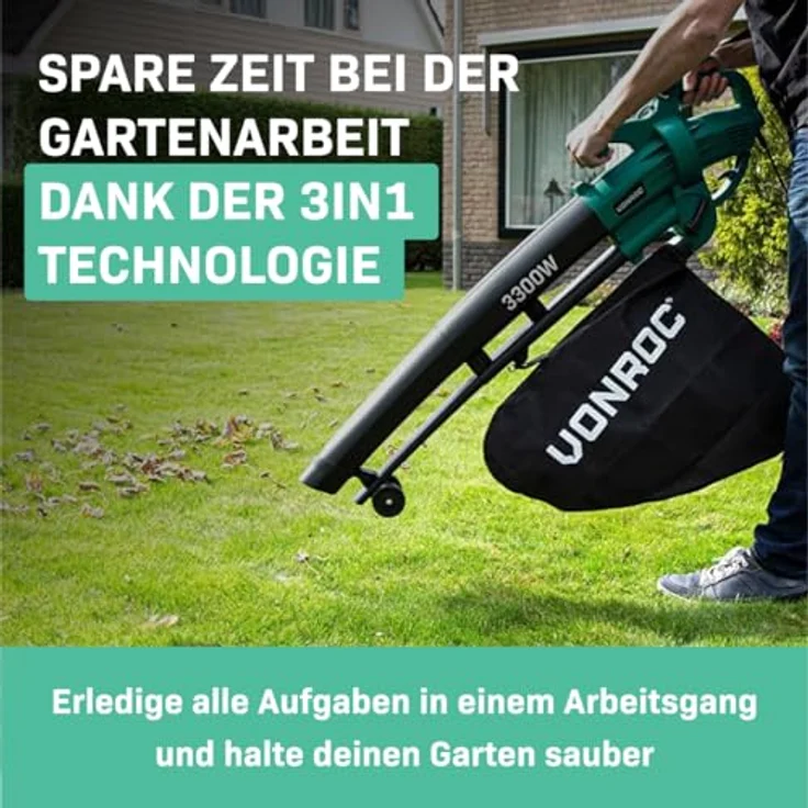 VONROC Laubsauger Elektro 3300W, 3 in 1 Laubsammler mit 270 km/h Blasgeschwindigkeit und 40L Auffangbeutel – Bild 5