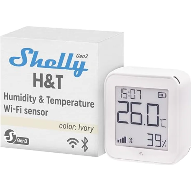 Shelly H&T Gen 3 Ivory, Thermometer und Hygrometer zur präzisen Raumklimakontrolle, Weiß