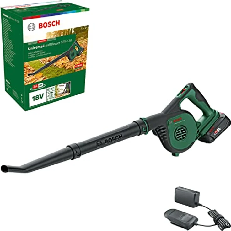 Bosch Akku-Laubbläser UniversalLeafBlower 18V-130 (Für schnelles und einfaches Säubern im Außenbereich; 18 Volt System; 1x 2,5-Ah-Akku und Ladegerät) – Bild 1