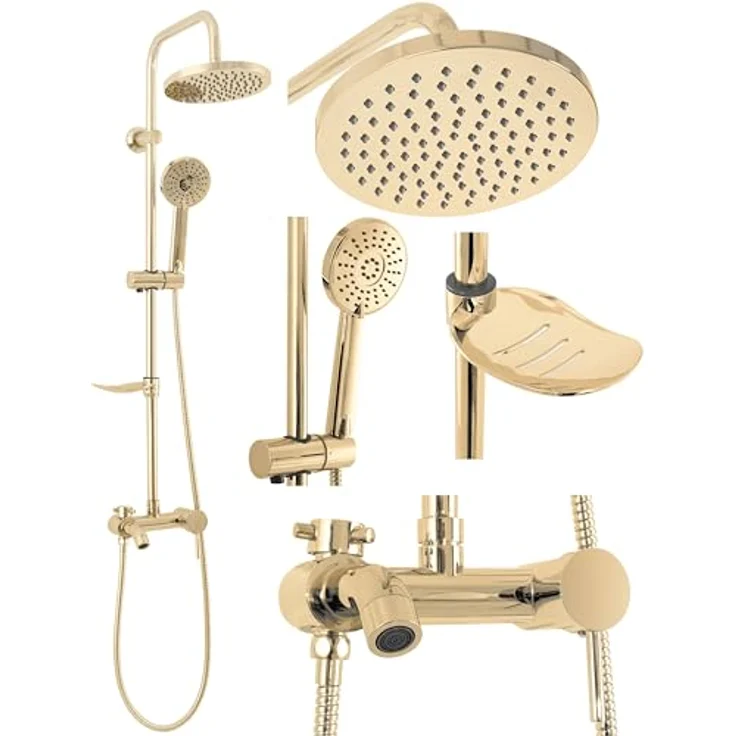 Rea Duschsystem LUIS Gold, Duschset mit Duscharmatur und 20x20 cm Regendusche aus Messing, Oberflächenmontiert, Schlauchlänge 150 cm – Bild 1
