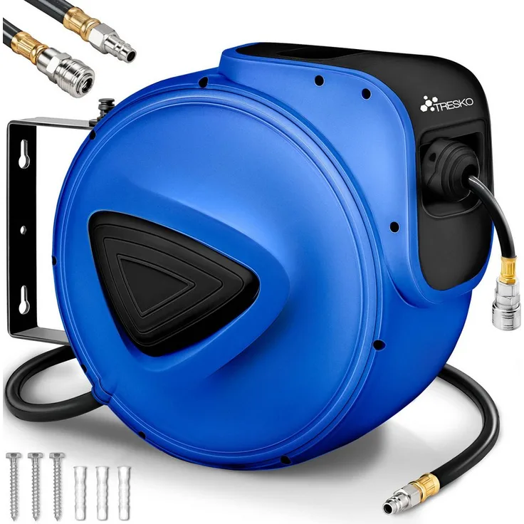 TRESKO Schlauchbox Druckluftschlauch Aufroller Automatik, 30m, Blau, robuste Kunststofftrommel mit Schlauchbremse und drehbarem Tragegriff