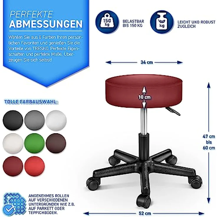 Rollhocker Weinrot Arbeitshocker Drehhocker Kosmetikhocker Praxishocker - Preisvergleich – Bild 2