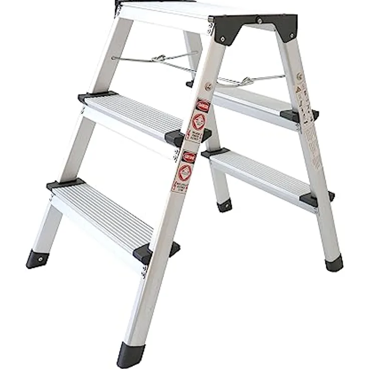 Alu Trittleiter zusammenklappbar | 3 Stufen | 61 cm Höhe | Leichter Klapptritt, Tritthocker | klein und kompakt | mit rutschfesten Füßen | belastbar bis 150 kg | Haushaltsleiter