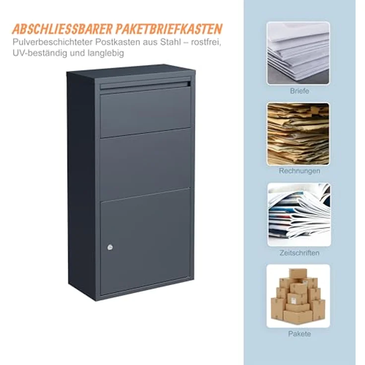 Relaxdays Paketbox, freistehender Postkasten aus verzinktem Stahl, abschließbar, grau, HxBxT: 82 x 44 x 22 cm – Bild 5