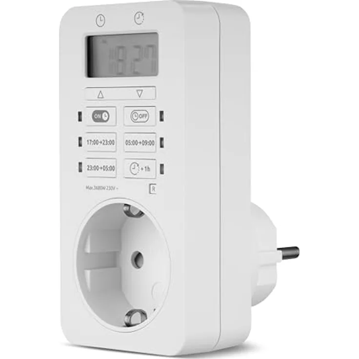 REV Zeitschaltuhr Easy+, digitale Zeitschaltuhr mit LCD-Display, weiß, mit integriertem Akku und erhöhtem Berührungsschutz