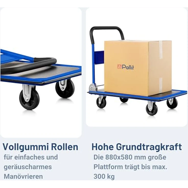 Pallit CARRY Schiebebügelwagen, Transportwagen mit 300kg Tragkraft, lenkbarer Rollwagen mit Anti-Rutsch-Beschichtung und klappbarem Bügel – Bild 3