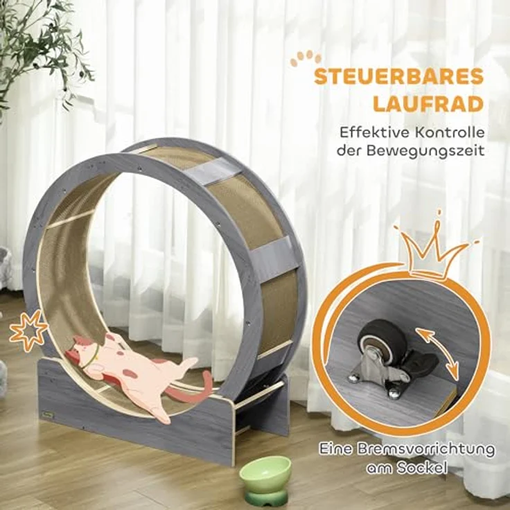 PawHut Katzenlaufrad 91 cm mit Bremse und Kratzbrett für gesunde Bewegung, Grau – Bild 5