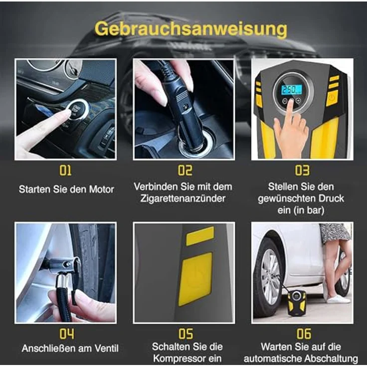 Olvy Elektrische Luftpumpe Tragbare Reifenpumpe mit 12V Motor und Digitaldisplay, schnelles Aufpumpen für PKW und Sportgeräte – Bild 5
