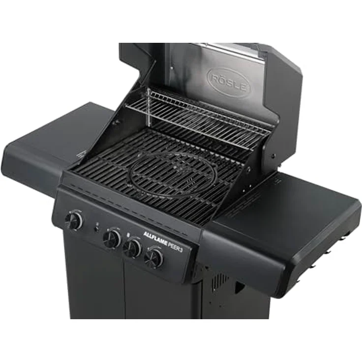 RÖSLE Gasgrill Allflame Peer 3 - 3 Brenner, CRISPZONE bis 450 °C, Gusseisenroste, Alu-Druckguss, Glaseinsatz, klappbare Seitentische, schwarz – Bild 3